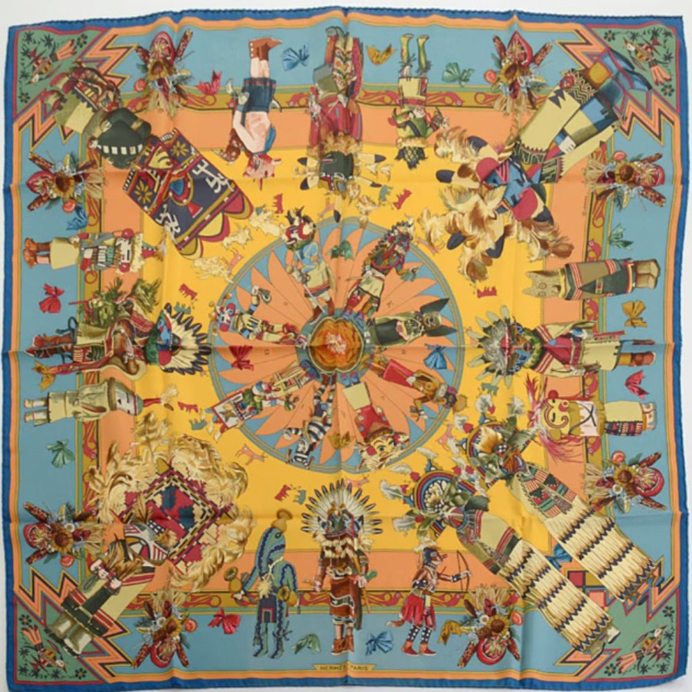RARE COLLECTOR'S Hermes Kermit Oliver Kachinas Silk Scarf